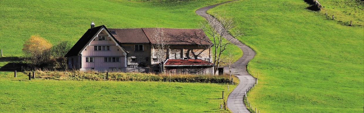 Ein einzelnen Bauernhaus auf einem grasbewachsenen Hügel. Rechts führt eine Straße den Hügel hinauf.